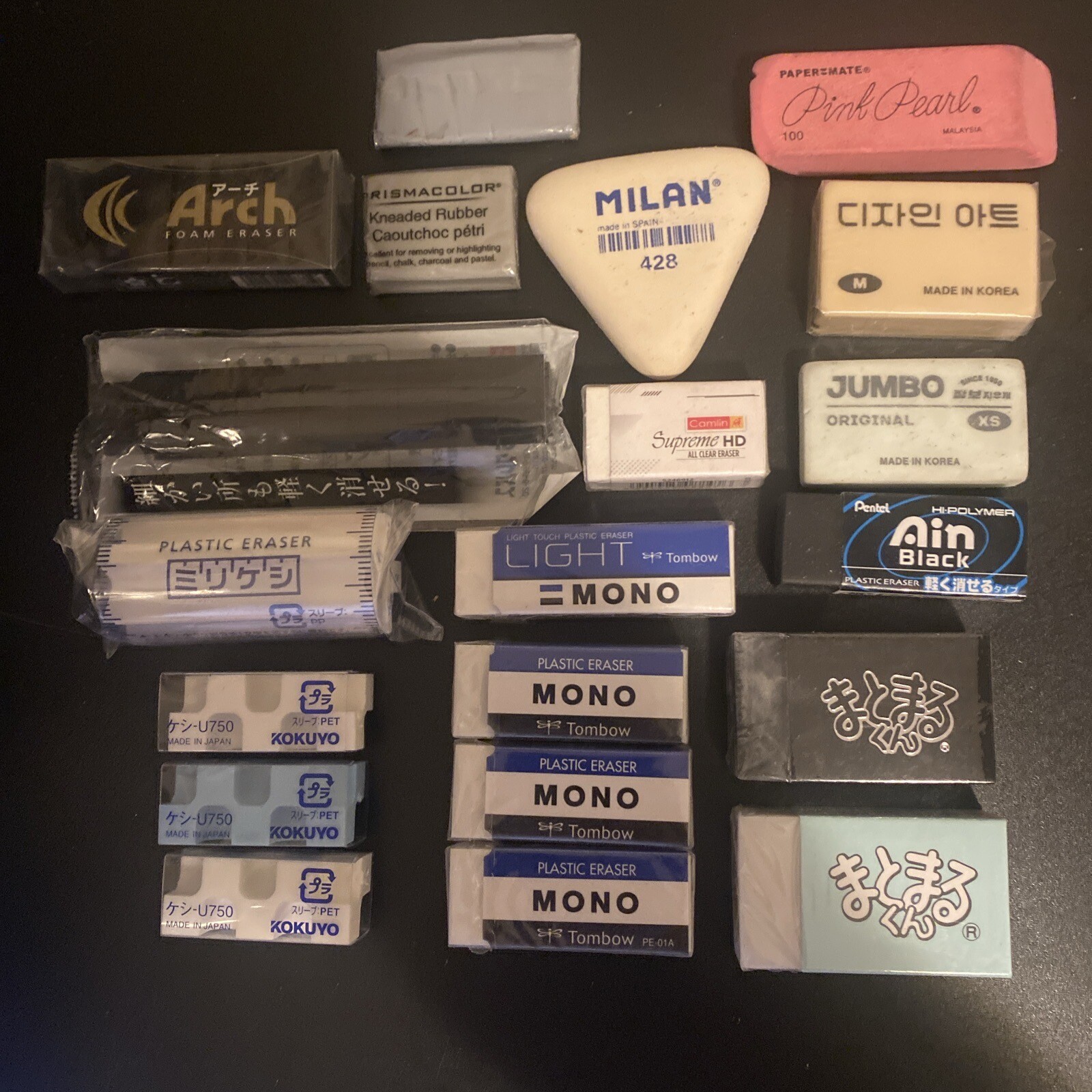 20 Assorted Erasers Tombow Kokuyo Sakura Matomarukun Prismacolor Milan Hwarang