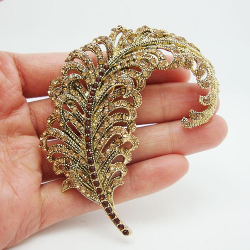 Classical Peacock Feathers Gold-tone Topaz Rhinestone Crystal Brooch Pin New - Picture 1 of 3