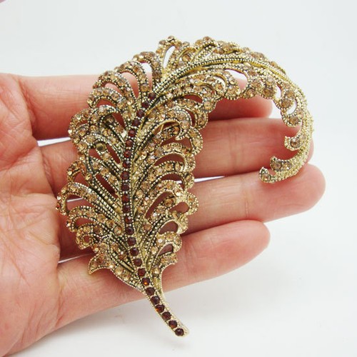 Broche broche cristal plumes de paon classiques ton or topaze strass neuve - Photo 1/3