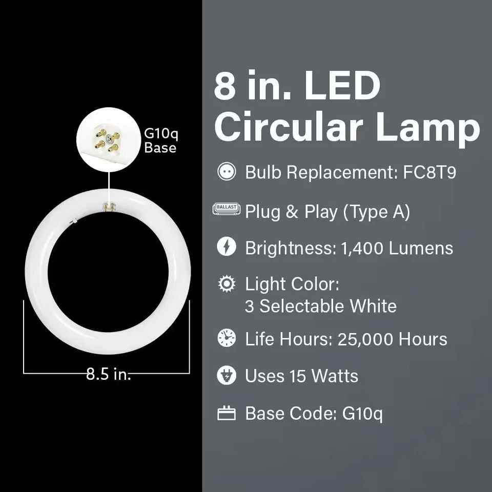 White Plug and Play Linear Circline LED Tube Light Bulb 15-W 8in T9 G10q Type A - Image 3 of 4