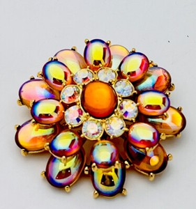 Authentic Signed Joan Rivers Vintage Gold Plated Aurora Crystal Lucite Pin Brooch