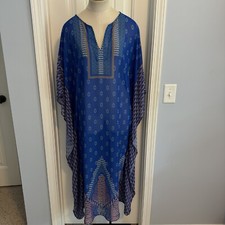 ASTR Small Blue Geometric Oversized Caftan Beach Coverup Sheer Maxi Dress