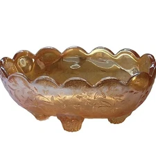 Vintage Jeanette Flora Amber Iridescent Carnival Glass Small Candy Dish bowl