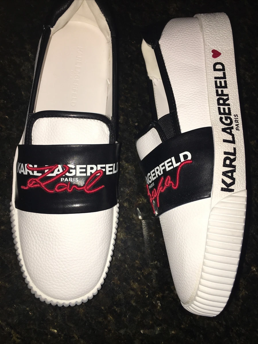 KARL LAGERFELD PARIS WHITE EMBROIDERED SIGNATURE SLIP ON SNEAKERS sz 11 M NEW