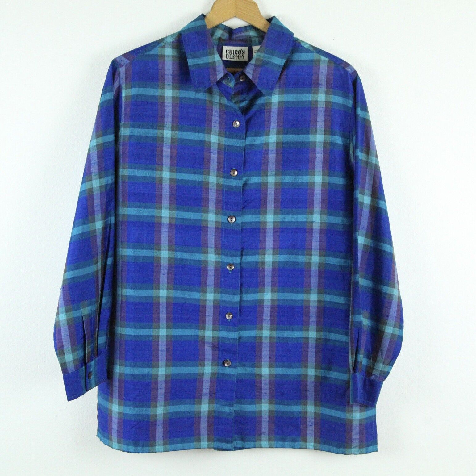 Vintage 90s Chicos Blue Plaid Raw Silk Boxy Butto… - image 1