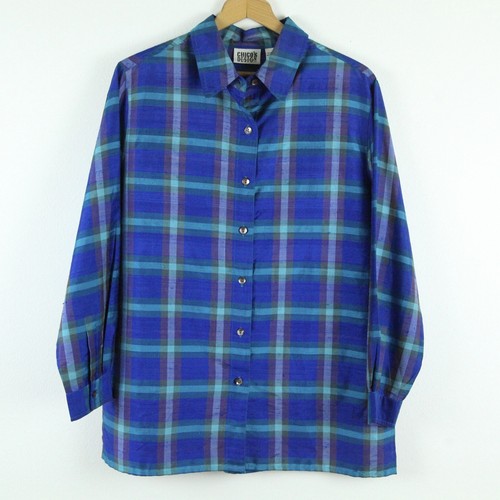 Chico's Medium Top Vintage 90s Raw Silk Blue Plaid Boxy Maximalist Button Down