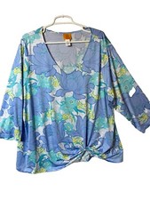 Ruby Rd Woman  s Top Size 3x Plus Blue Flower 3/4 Sleeve Gathered Bottom Design