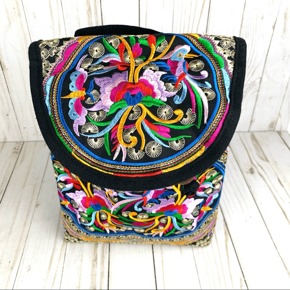 Embroidered Floral Black Backpack - Boho Multicolor Accent Dark Floral Backpack, Boho Travel Bag, Aesthetic Laptop Bag  main image 4