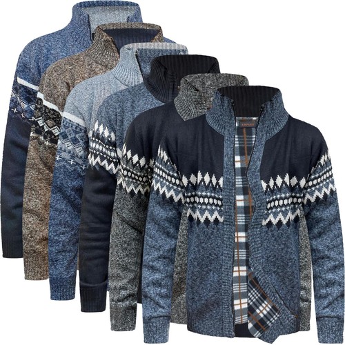 Men Jacquard Fleece Lined Insulated Knit Full Zip Cardigan Grandad