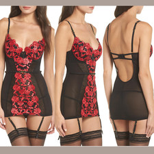 NEW 85 Ann Summers SZ 8-10 D/DD  Padded Underwire Chemise in Black/Red P361