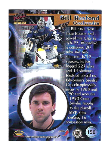 Bill Ranford 1997-98 Pacific Invincible Ice Blue #150 Washington Capitals - Foto 2 di 2