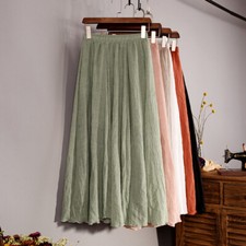 Womens Lady Boho Cotton Linen Pleated Maxi Long Beach Skirt Vintage Casual Dress
