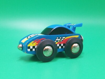 Hape Kids Blue Toy Vehicle From Rolling Stock Wooden Race Car Transporter Set