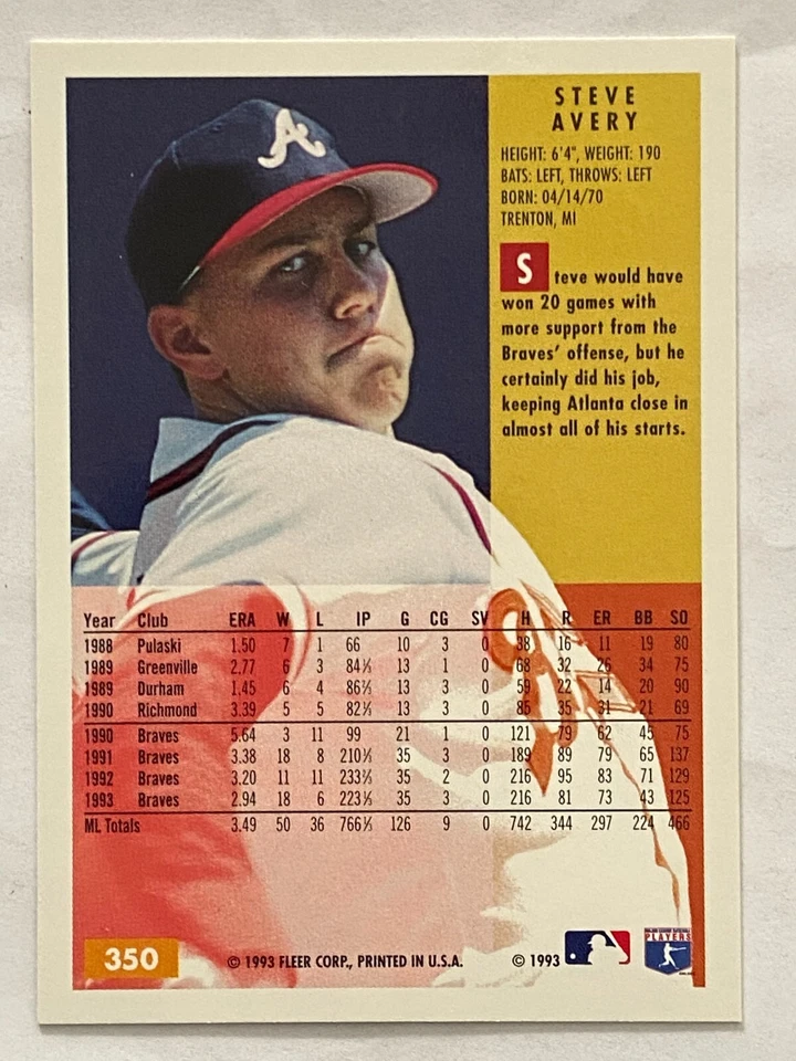 1994 Fleer Steve Avery Atlanta Braves #350 - Image 2 of 2
