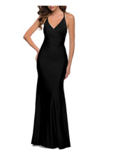 LA FEMME WRAP FRONT STRAPPY BACK JERSEY BLACK GOWN DRESS 4