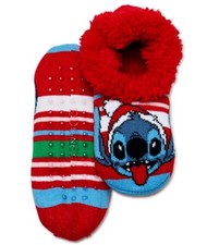 Disney Lilo  Stitch Christmas Faux Fur Slipper Socks Anti Slip Shoe Size 4-10