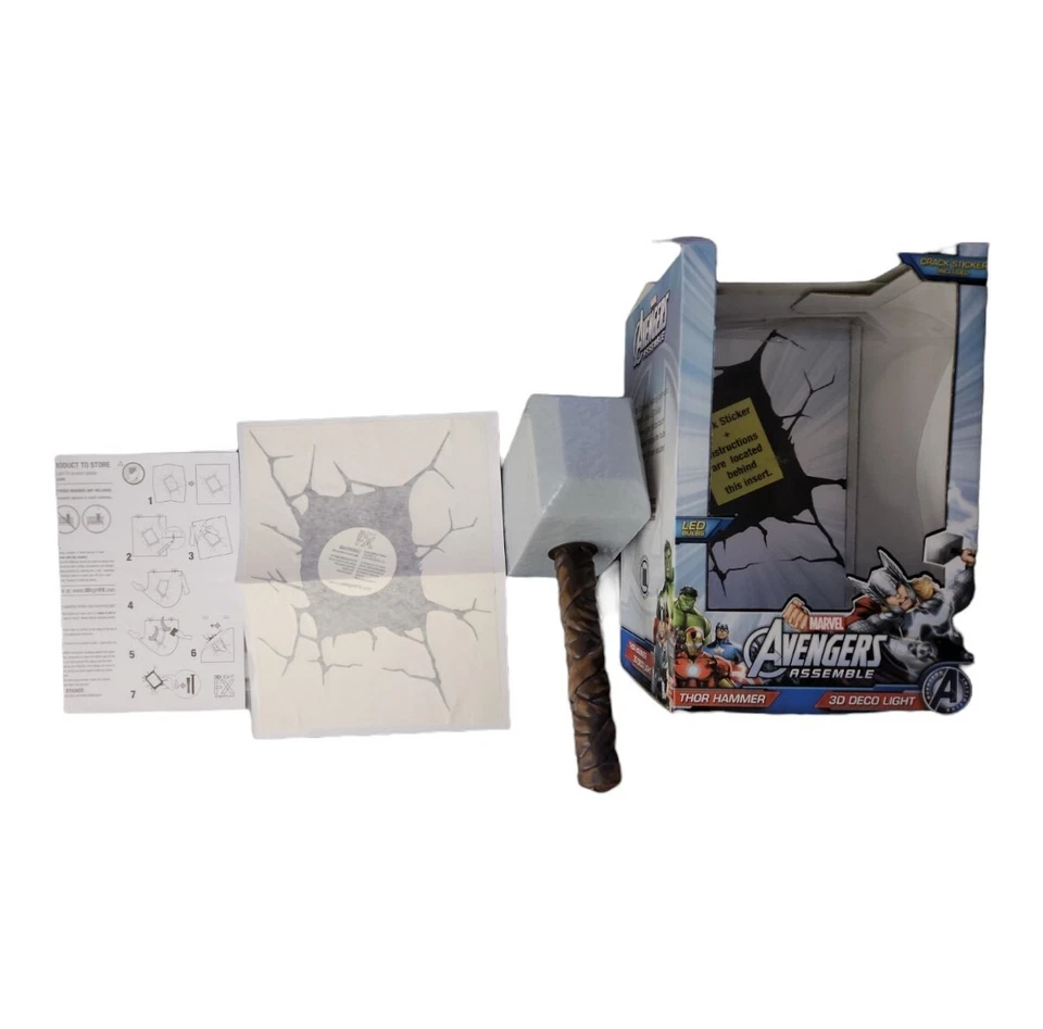 Caja Abierta Thor Hammer 3D Deco Luz LED Marvel Vengadores Conjunto con Pegatina Grieta Foto 2 de 4