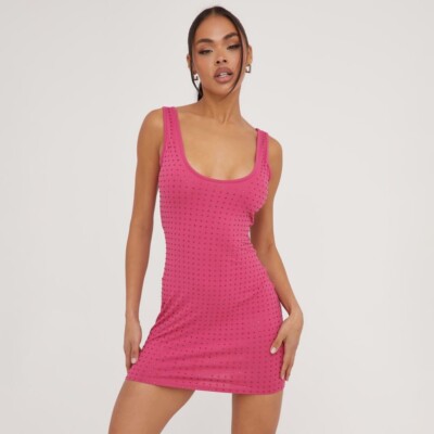 Ego Scoop Neck Diamante Detail Mini Bodycon Dress In Pink Slinky UK 6 |  eBay UK