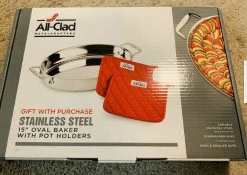 All-Clad Stainless Steel 15" Oval Baker with Pot Holders 3 pcs Set MSRP