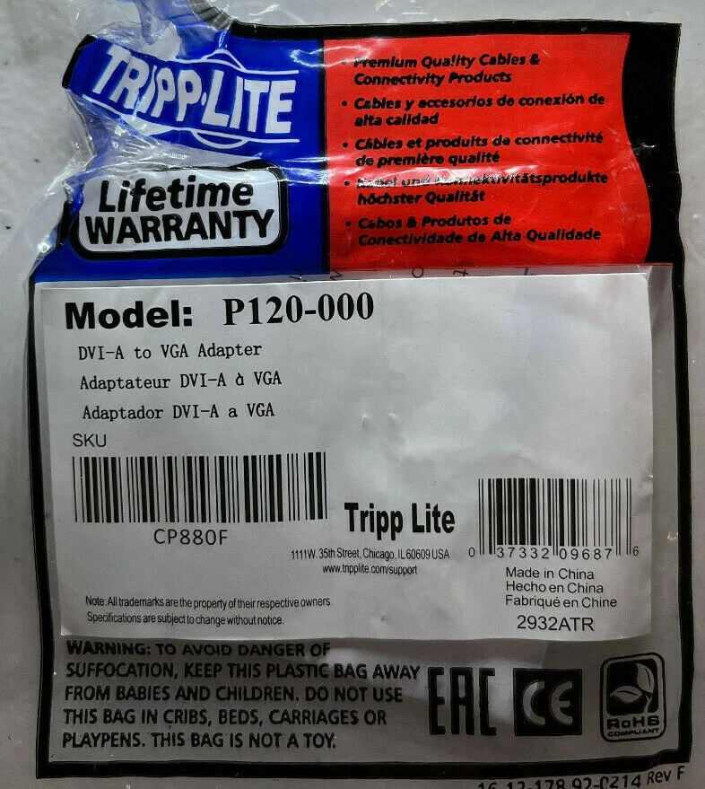 Tripp Lite DVI-A to VGA Adapter Model: P120-000- FAST FREE SHIPPING - Image 3 of 3