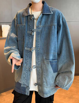 Chinese Style Retro Mens Denim Coat Work Jean Jacket Casual Loose