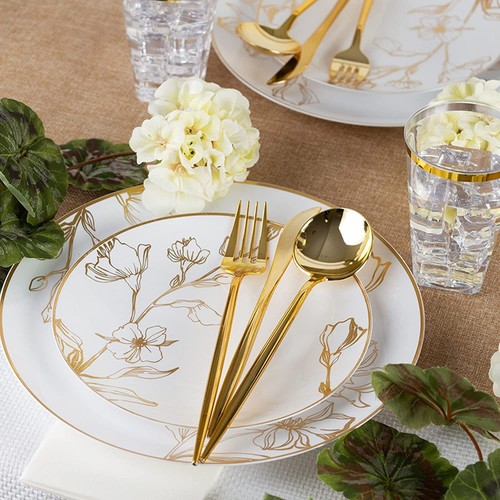7.5 in Round White Plastic Plates Dinner Plate with Gold Floral Antique Design - Picture 2 of 5