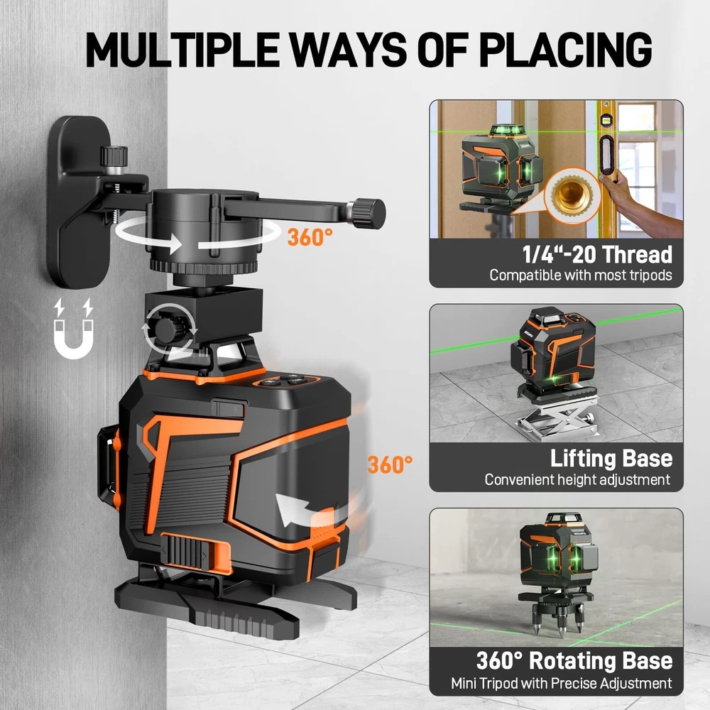 Laser Level 360 Self Leveling Green Light Laser Level Tool Wall Mount Base Br...