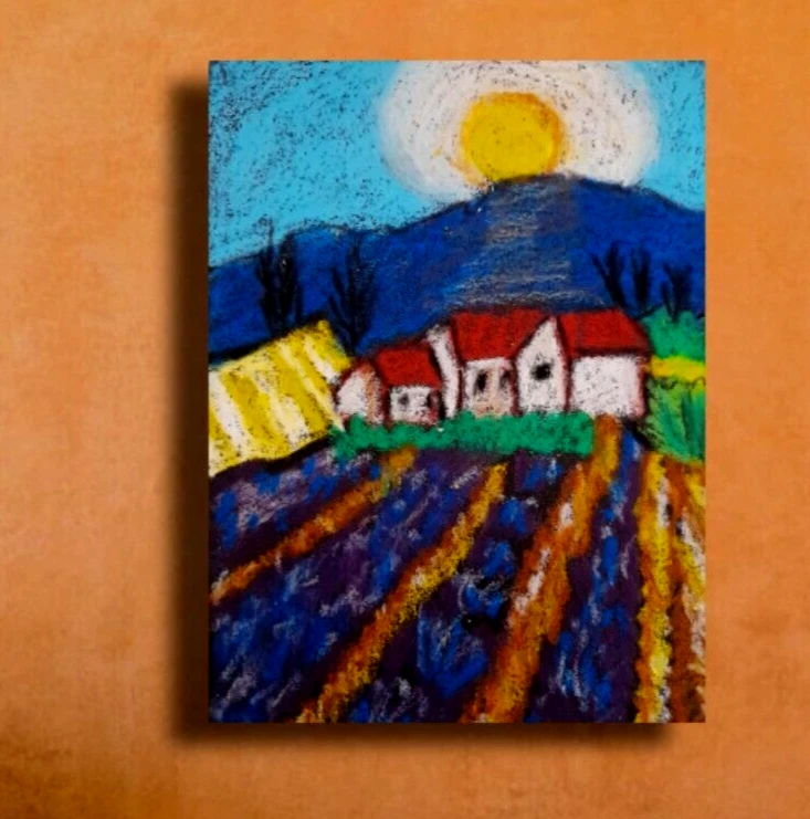 Flower Field Original Oil Pastel Drawing Landscape Nature Painting