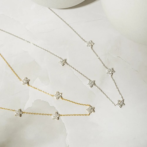 Minimalist 1Ct Round Cut Natural Diamond Flower Station Necklace 14k Yellow Gold - Picture 8 of 9