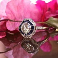 Art Deco Style Round Lab-Created Diamond  Sapphire Engagement 925 Silver Ring