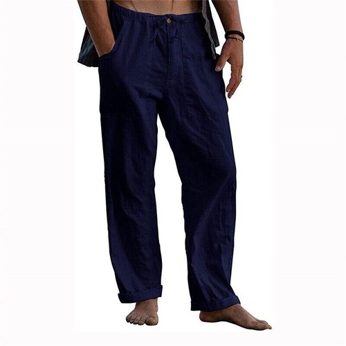 Men's Summer Beach Loose Cotton Linen Pants Yoga Drawstring Elasticated Trousers - Picture 2 of 24