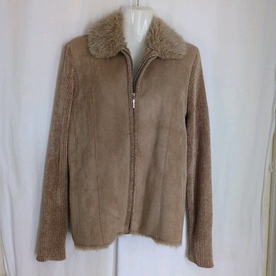 Vtg Lisa Int Tan Faux Suede Jacket Fur Trimmed Sweater Zip Small Retro READ 