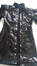 LATEST DESIGN Black Shiny Faux Leather Wet LookButton Up Front Mini Dress Size14