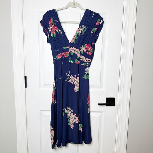 Trashy Diva Floral Crimson Clover Dress Womens 4 Navy Blue V-Neck Cap Sleeve