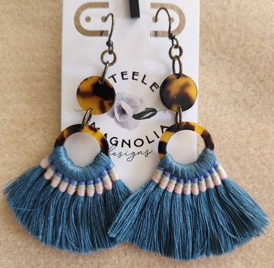 Handmade Fancy Fan Tassel Statement Earrings - Steely Blue & Tortoise Resin Link