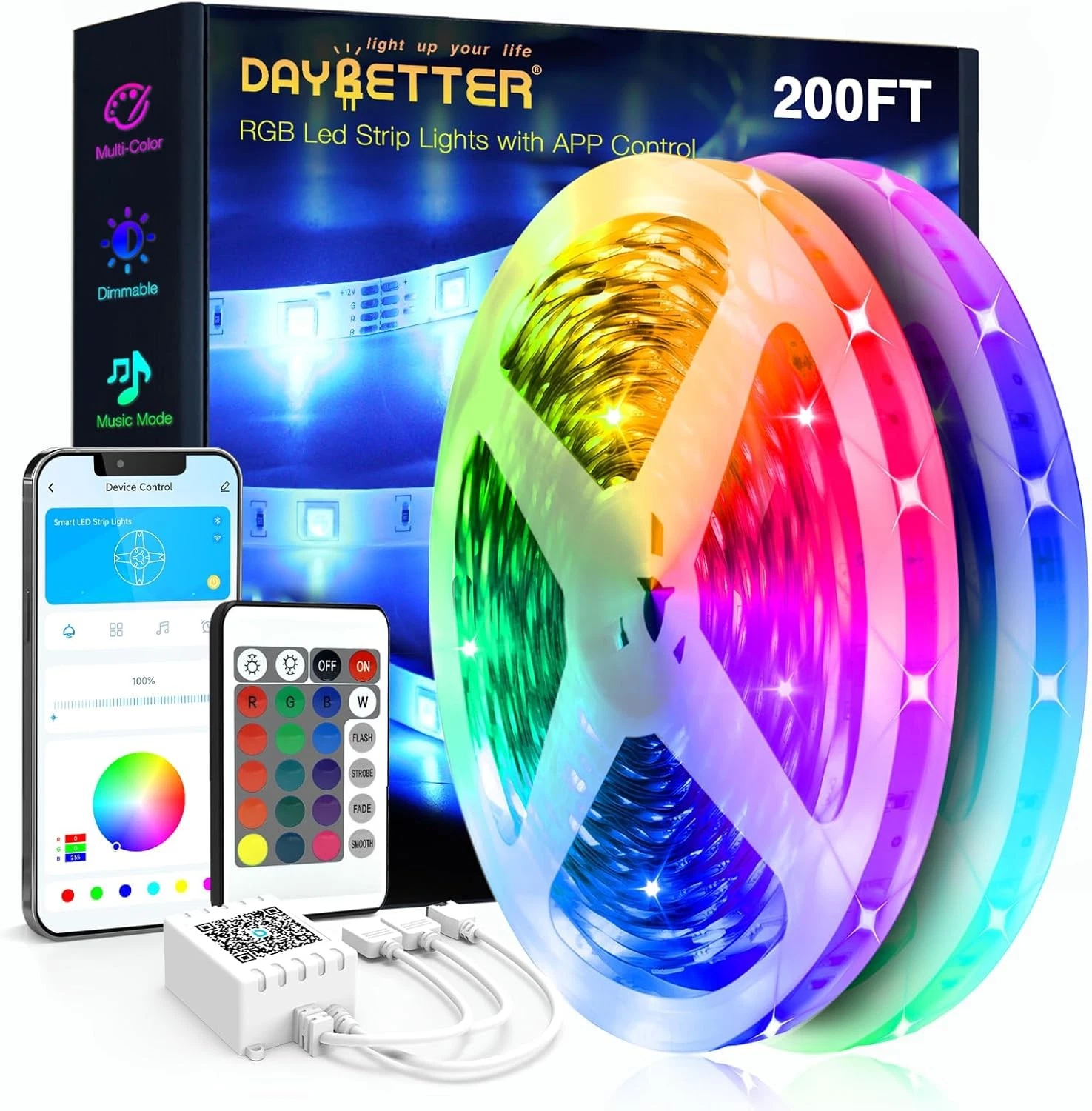 DAYBETTER Led Strip Lights 200 ft (2 Rolls of 100 ft) Ultra 200FT, Multicolor