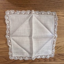 Vintage White Linen Handkerchief with Crocheted Lace Trim   12.5  X 12.5  