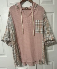 GiGio Plus Boutique Women’s Coral Pink Plaid Tunic Top Hooded Cotton NWOT XL 