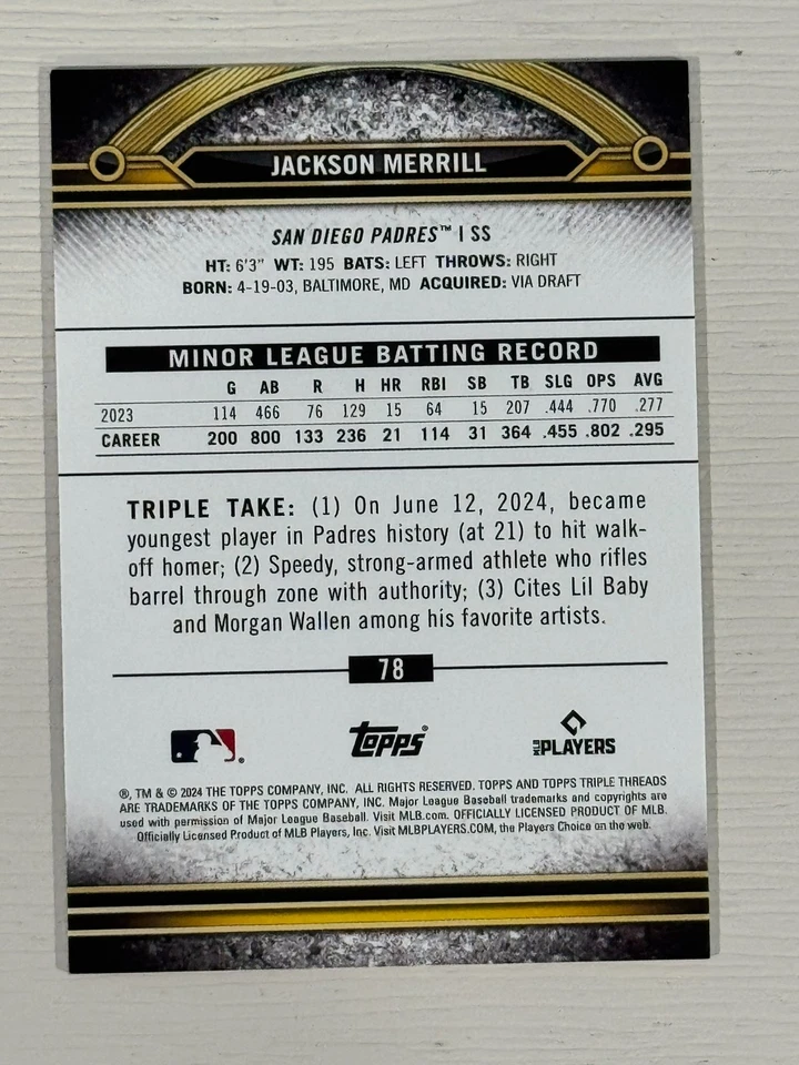 2024 Topps Triple Threads - Jackson Merrill #78 Amber /199 (RC) - Image 2 of 2
