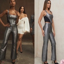 House of CB London Jas Silver Kick Flare Trousers Pants Size Medium