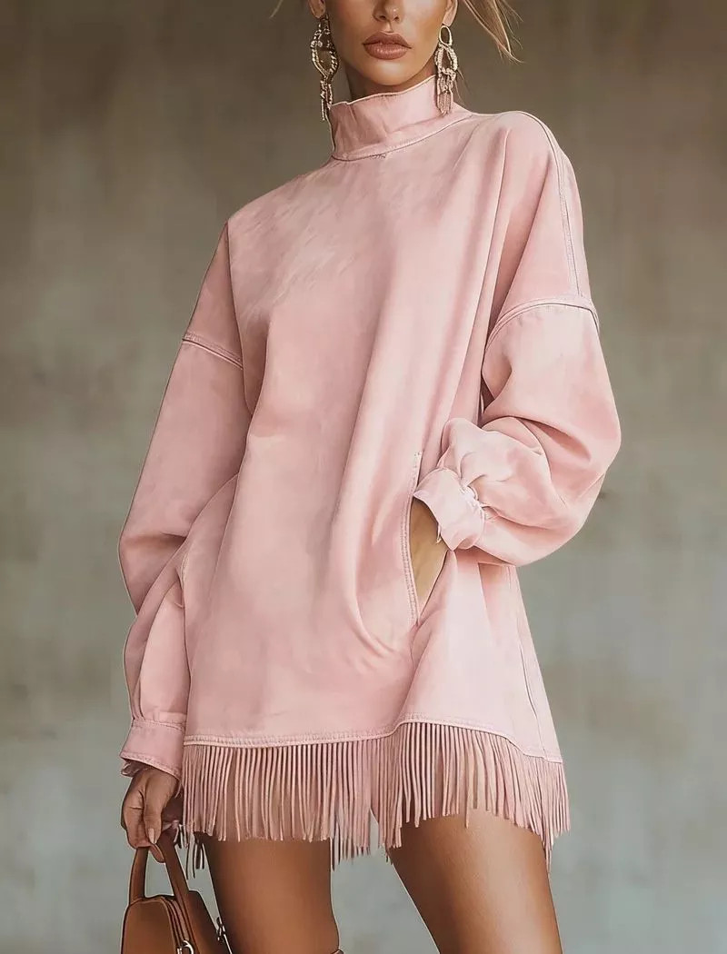 Vestido De Mujer Amplio Con Flecos Y Cuello Alto Rosa Cipría Look Suave CF63480