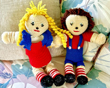 Vintage Handmade Knitted Colorful Dolls Aproximatly 21" Made In USA