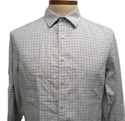 Men UNTUCKit L/S Linen Button Down Medium Plaid Gray Blue Wrinkle Resistant 