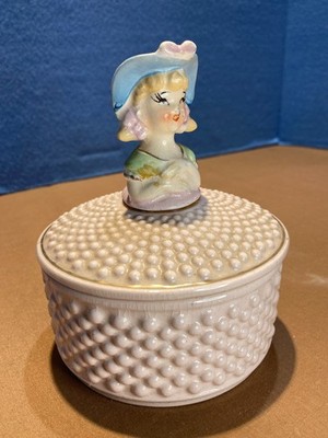 Little Miss Pixie Hobnail Ceramic Powder Jar w/ Powder, MCM,