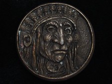 QC15141 RARE VINTAGE 1970s INDIAN CHIEF ARTWORK CARVED BRASSTONE BELT BUCKLE