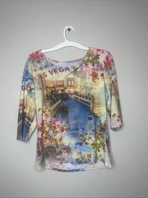Fantazia Women's Las Vegas Graphic 3/4 Sleeve Top Size L Y2K Vintage Streetwear