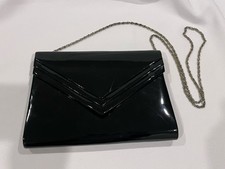 Black Envelope Clutch Bag Purse Faux Patent Leather Vtg 1980s 1990s Chain Strap