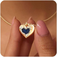 Gold Heart Necklace for Women 14K Gold Plated Birthstone Necklace Charm Heart Pe