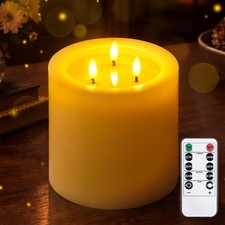 3-Wick 6"x6" Extra Large Real Wax Flameless Pillar Candles with Remote Contro...