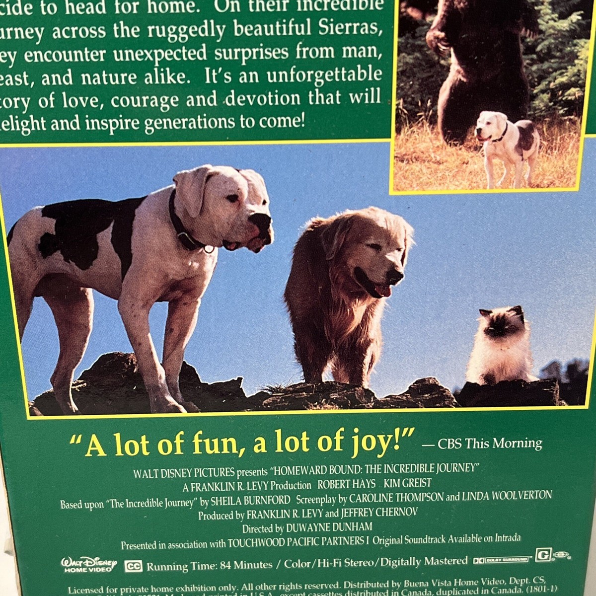 Vintage Homeward Bound: The Incredible Journey VHS, 1993 Dog